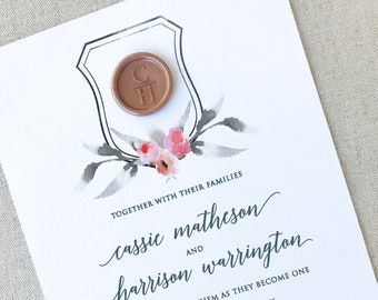 Cassie and Harrison - Floral Crest Watercolor PRINTED Wedding Invitation with wax seal - Card Stock - DEPOSIT