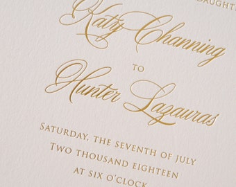 Katy and Hunter - Foil Stamped PRINTED Wedding Invitation - on Blush Card Stock - DEPOSIT