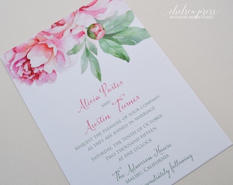 Alicia and Austin - Beautiful Peony Watercolor PRINTED Wedding Invitation - DEPOSIT