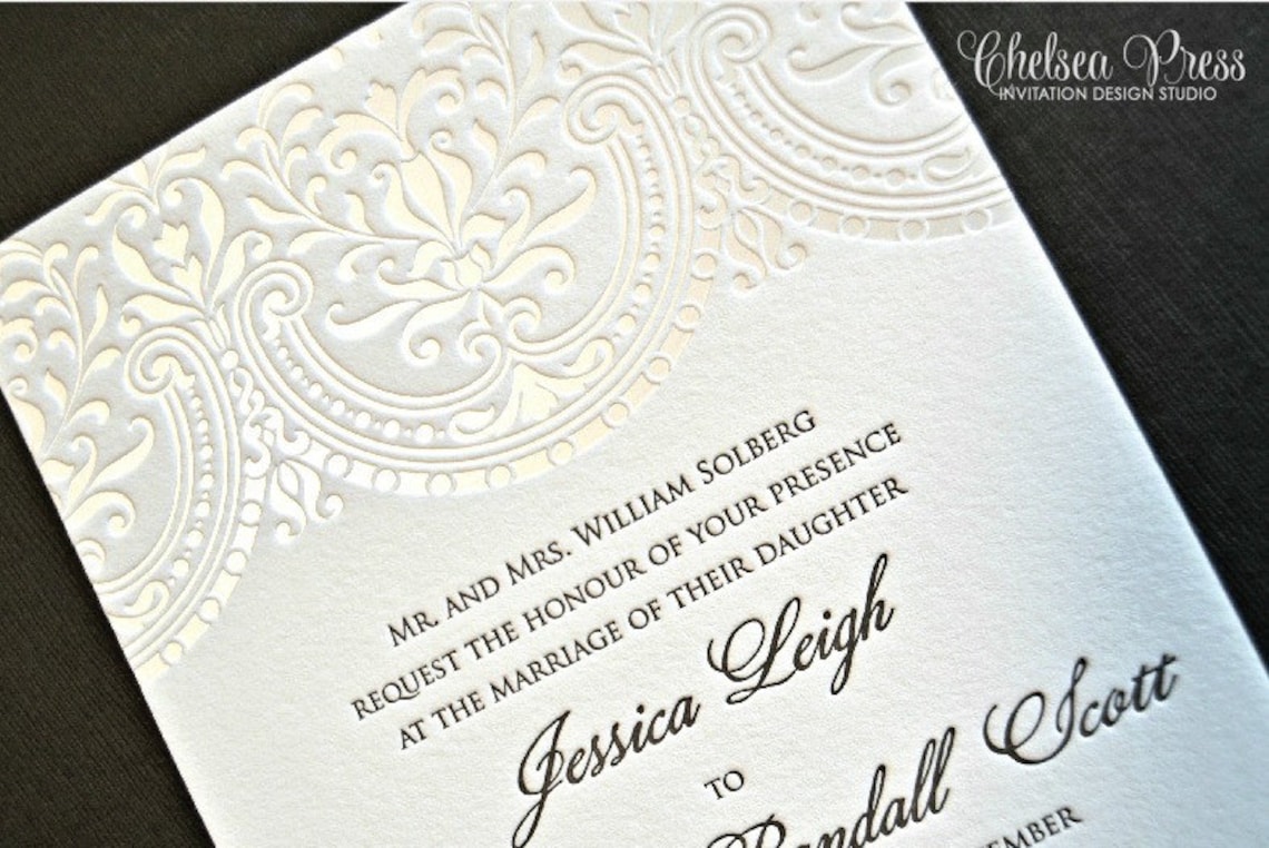 Baroque Letterpress PRINTED wedding invitation. Shown with