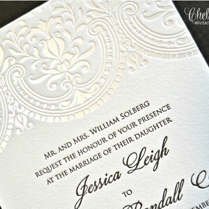 Baroque Letterpress PRINTED wedding invitation. Shown with 1 color Pearl Foil and 1 Color Letterpress printing DEPOSIT image 2