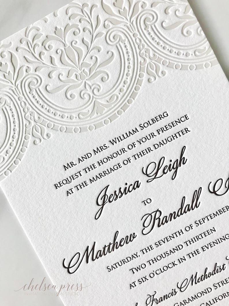 Baroque Letterpress PRINTED wedding invitation. Shown with 1 color Pearl Foil and 1 Color Letterpress printing DEPOSIT image 1