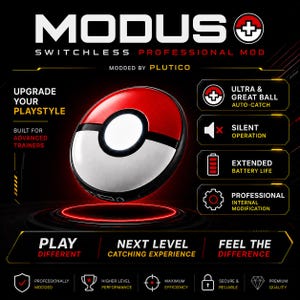 Könnte beinhalten: Ein rot-weißes kreisförmiges Gerät, das einem Ball mit zentralem Knopf ähnelt, beschriftet mit MODUS SWITCHLESS PROFESSIONAL MOD. Die Grafik enthält Text, der Funktionen wie Auto-Catch, lautlosen Betrieb und lange Akkulaufzeit hervorhebt.