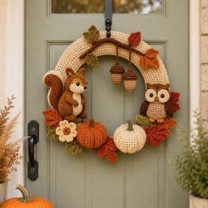 Puede incluir: Una corona circular de ganchillo con una base color canela decorada con una ardilla marrón, un búho marrón, dos bellotas colgantes, dos calabazas en naranja y crema, y varias hojas de colores otoñales en tonos verde, naranja y marrón.