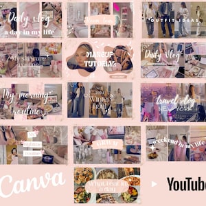 Puede incluir: Una colección de plantillas para miniaturas de YouTube con diversos temas de estilo de vida, como vlogs diarios, rutinas de cuidado de la piel, tutoriales de maquillaje, ideas de atuendos, rutinas matutinas y nocturnas, vlogs de viajes y fotografía de alimentos, sobre un fondo rosa suave.