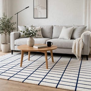 Alfombra de cuadrícula azul marino marfil, alfombra geométrica moderna, alfombra minimalista a cuadros, alfombra contemporánea para sala de estar, decoración escandinava para el hogar