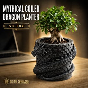 May include: A dark gray cylindrical planter featuring a sculpted dragon coiled around the exterior with detailed scales. The text MYTHICAL COILED DRAGON PLANTER, STL FILE, and DIGITAL DOWNLOAD are visible. A small green leafy plant grows inside the pot.