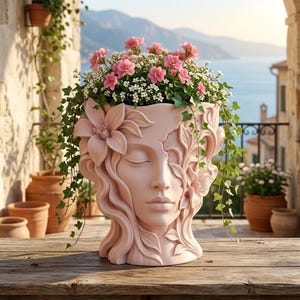 Pode incluir: Um vaso de cor rosa pálido em forma de rosto humano com olhos fechados, decorado com motivos esculpidos de flores e folhas. O vaso contém um arranjo vibrante de flores cor-de-rosa e brancas e ramos de hera verde pendentes.