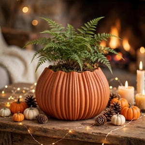 Op de afbeelding: Een levendige groene varen geplant in een ronde, oranje, pompoenvormige keramische pot met verticale ribbels. De plantenbak is omringd door diverse kleine oranje en witte decoratieve pompoenen, bruine dennenappels en dunne lichtsnoeren.