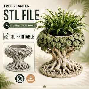 May include: A digital download for a 3D printable tree planter STL file. The planter features a base shaped like gnarled tree roots and a top rim adorned with sculpted leaves. The text reads TREE PLANTER, STL FILE, and 3D PRINTABLE.
