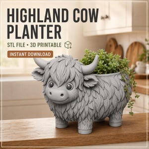 Highland Cow Planter STL | 3D-utskrivbar bondgårds-suckulenthållare (digital nedladdning)