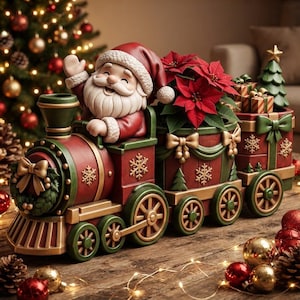 May include: A decorative Christmas train figurine featuring a smiling Santa Claus in the engine, followed by two train cars carrying vibrant red poinsettia flowers, wrapped gift boxes, and a small green Christmas tree, all adorned with gold bows.