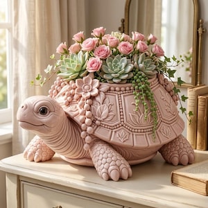 May include: A light pink turtle-shaped planter featuring a detailed shell with embossed floral and beaded patterns. The planter is filled with a variety of light pink roses, green succulents, and trailing ivy vines, creating a decorative arrangement.