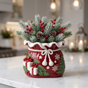 Op de afbeelding: Een rode keramische houder in de vorm van een cadeautas met een witte golvende rand en een wit koord. De buitenkant is versierd met witte sneeuwvlokken, sterren, een groene dennenboom en twee witte geschenkdozen met rode linten. Het bevat dennentakken en rode bessen.