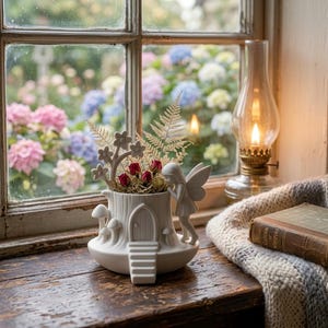 May include: A white ceramic planter shaped like a tree stump with a small door, stairs, and mushrooms at the base. A fairy figure stands on the side. The planter holds dried fern fronds and small red rosebuds. A book titled Garden of Whispers is nearby.