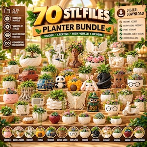May include: A digital download bundle containing 70 STL files for 3D printable planters. The collection features diverse designs including animals, vehicles, fantasy structures, and floral themes, all displayed in a tiered arrangement.