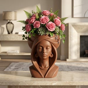Afrikanischer Frauenkopf-Blumentopf, 3D-druckbarer Büsten-Blumentopf (STL-Datei)