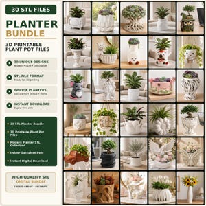 Può includere: Una collezione digitale di 30 file STL per vasi da piante stampabili in 3D, con design vari che includono forme di animali, motivi floreali, vasi sospesi e contenitori decorativi per piante grasse, bonsai ed erbe aromatiche.