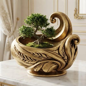 Pode incluir: Uma taça decorativa em tom dourado com entalhes ornamentados em forma de folhas em espiral e uma base de pedestal. Dentro da taça, encontra-se um pequeno bonsai verde com folhagem densa e base de musgo, criando um contraste entre o metal e a natureza.