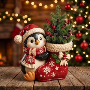 May include: A ceramic penguin figurine wearing a red Santa hat and a red scarf with white snowflake patterns, holding a red Christmas stocking. The stocking is filled with a small green pine tree decorated with red berries and brown pinecones.