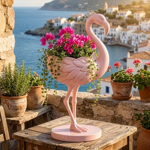 Könnte beinhalten: Ein hellrosa Pflanzgefäß in Flamingoform auf einem runden Sockel. Der Körper des Flamingos enthält ein Büschel leuchtend rosa Bougainvillea-Blüten mit grünen Ranken, die über die Seiten der geformten Vogelfigur herabhängen.