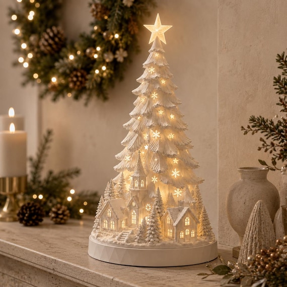 Christmas Village Tree Lamp STL, 3D Printable LED Winter Lantern, Nordic Christmas Decor, Holiday Village Light Digital Download File