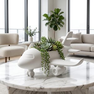 May include: A matte white ceramic airplane-shaped planter featuring a variety of green succulents planted in the fuselage. The airplane has a smooth, minimalist design with visible wings, tail fins, landing gear wheels, and engine nacelles.