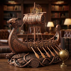 Puede incluir: Un modelo de barco vikingo color bronce con una proa en forma de cabeza de lobo, una vela enrollada con inscripciones rúnicas y una fila de escudos en los costados. El barco descansa sobre una base decorada con runas adicionales y un símbolo circular.