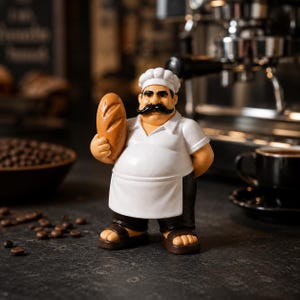 Può includere: Una statuetta di uno chef che indossa un cappello bianco, una camicia bianca e un grembiule bianco sopra pantaloni marrone scuro. Lo chef ha un folto baffo nero e tiene in mano una pagnotta marrone. La figura indossa sandali marroni aperti.