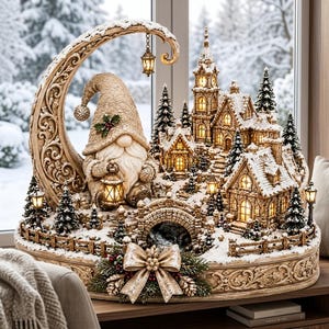 May include: A decorative tabletop display featuring a gnome holding a lantern, a crescent moon arch, and a miniature snow-covered village with illuminated houses, a stone bridge, and evergreen trees, all set on a circular base with a bow.