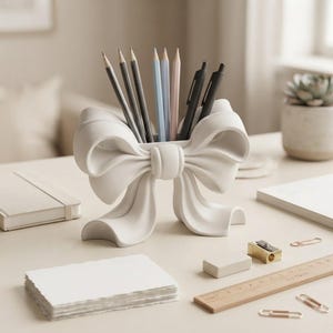 May include: A matte white desk organiser shaped like a large bow, featuring multiple vertical slots for holding writing instruments. The organiser contains three dark grey pencils, two light blue pencils, one light pink pencil, and two black pens.