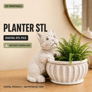 Puede incluir: Un archivo STL digital imprimible en 3D para una maceta con forma de perro terrier. La maceta beige texturizada presenta una figura de perro esculpida apoyando sus patas en el borde de un recipiente redondo y estriado con un helecho verde. Texto: 3D PRINTABLE, PLANTER STL, DIGITAL STL FILE, INSTANT DOWNLOAD, DIGITAL PRODUCT - NO PHYSICAL ITEM.