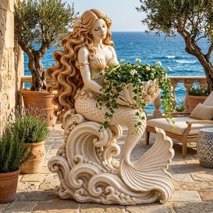 Puede incluir: Una estatua de sirena color crema con cabello largo y ondulado, sosteniendo una maceta grande en forma de concha llena de hiedra verde. La sirena se asienta sobre una base esculpida que representa olas del mar, con detalles de conchas en la cola.