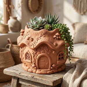 Peut inclure: Un pot de fleurs en terre cuite en forme de petite maison avec un toit de chaume, orné de motifs en relief représentant du lierre, des champignons et des glands. Le pot contient diverses plantes succulentes, dont un collier de perles.