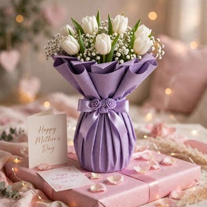 Pode incluir: Um buquê de tulipas brancas e gipsófila embrulhado em papel lavanda com um laço a condizer. Um cartão diz Happy Mother's Day e outro diz Happy Valentine's Day With Love, sobre uma caixa de presente rosa com pétalas espalhadas.