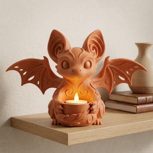 May include: A terracotta-colored bat figurine with large pointed ears and outstretched wings, featuring intricate swirling patterns and a small circular holder in the center containing a glowing white tea light candle with a warm yellow flame.