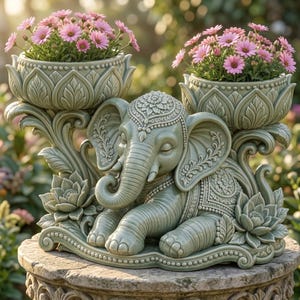 May include: A light green ceramic planter featuring a sculpted elephant at the centre, flanked by two lotus-shaped bowls holding pink daisy-like flowers. The elephant has intricate decorative carvings on its head, ears, and back, with lotus blossoms at its base.