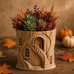 Puede incluir: Una maceta de color marrón claro con forma de tronco de árbol con ventanas, una puerta y una escalera talladas. La maceta está llena de una variedad de suculentas verdes y follaje naranja, rojo y marrón, creando un denso arreglo de plantas.