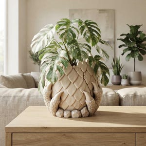Puede incluir: Una maceta de color crema con forma de huevo de dragón, con escamas texturizadas y pies con garras. La maceta contiene una planta monstera variegada con hojas grandes y divididas con patrones blancos y verdes. Forma redondeada y orgánica.
