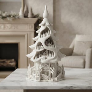Pode incluir: Uma escultura decorativa branca com acabamento mate em forma de árvore de Natal estilizada. A árvore apresenta secções ocas contendo casas e árvores em miniatura, assentes numa base concebida com detalhes arquitetónicos intrincados de estilo gótico.