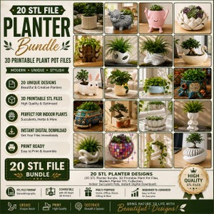 May include: A digital collection of 20 STL files for 3D printable planters, featuring diverse designs including animal shapes, a van, a camera, and geometric forms. The image displays various finished plant pots holding green indoor plants.