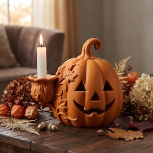May include: A matte orange ceramic jack-o'-lantern candle holder featuring a carved smiling face and a sculpted vine and leaf design on the side. A single white taper candle stands upright in the integrated holder attached to the pumpkin.
