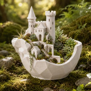 May include: A white geometric planter containing a miniature castle structure with towers, arched doorways, and stone-like staircases. The planter is filled with various green succulents and small air plants nestled among the architectural features.