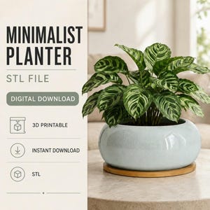 May include: A light blue, round, low-profile planter containing a green and white patterned plant, resting on a circular wooden base. Text on the left reads: MINIMALIST PLANTER, STL FILE, DIGITAL DOWNLOAD, 3D PRINTABLE, INSTANT DOWNLOAD, and STL.