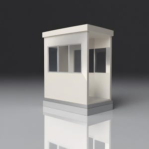 May include: A small, rectangular security booth with off-white walls and a flat roof. The structure features a large front window divided into three panes and a side opening. It sits on a solid, light gray base, presenting a clean, modular design.