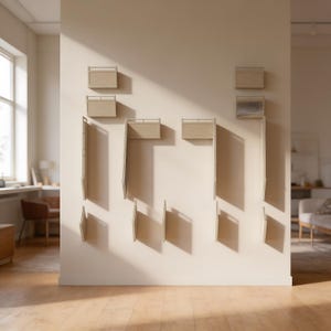 May include: A collection of light-colored wooden wall-mounted shelving units and vertical panels arranged in a geometric pattern on a plain wall. The set includes rectangular shelves with thin metal railings and long, narrow vertical wooden boards.