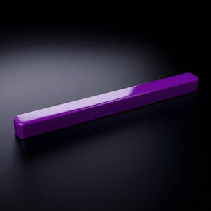 May include: A long, rectangular, solid purple bar with a smooth, glossy finish. The object features beveled edges along its length and a uniform, vibrant violet color throughout, reflecting light across its top surface in a straight line.
