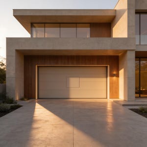 May include: A modern two-story house exterior featuring a beige concrete facade, a large horizontal garage door with a central square panel, and warm wood paneling accents. The structure includes expansive glass windows and a smooth concrete driveway.