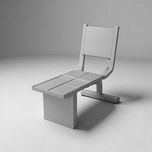 May include: A light gray chair featuring a flat, rectangular seat composed of two panels and a matching upright backrest. The chair is supported by a solid vertical front panel and a horizontal base frame, showcasing a clean, monochromatic design.
