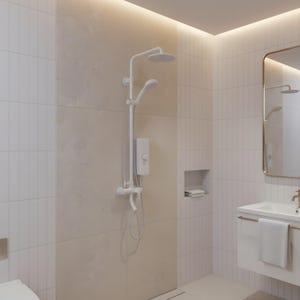 May include: A white shower system featuring a round overhead rainfall showerhead, a handheld shower attachment on a sliding rail, and a rectangular control unit with a central dial, mounted against a wall with beige and white tiled surfaces.